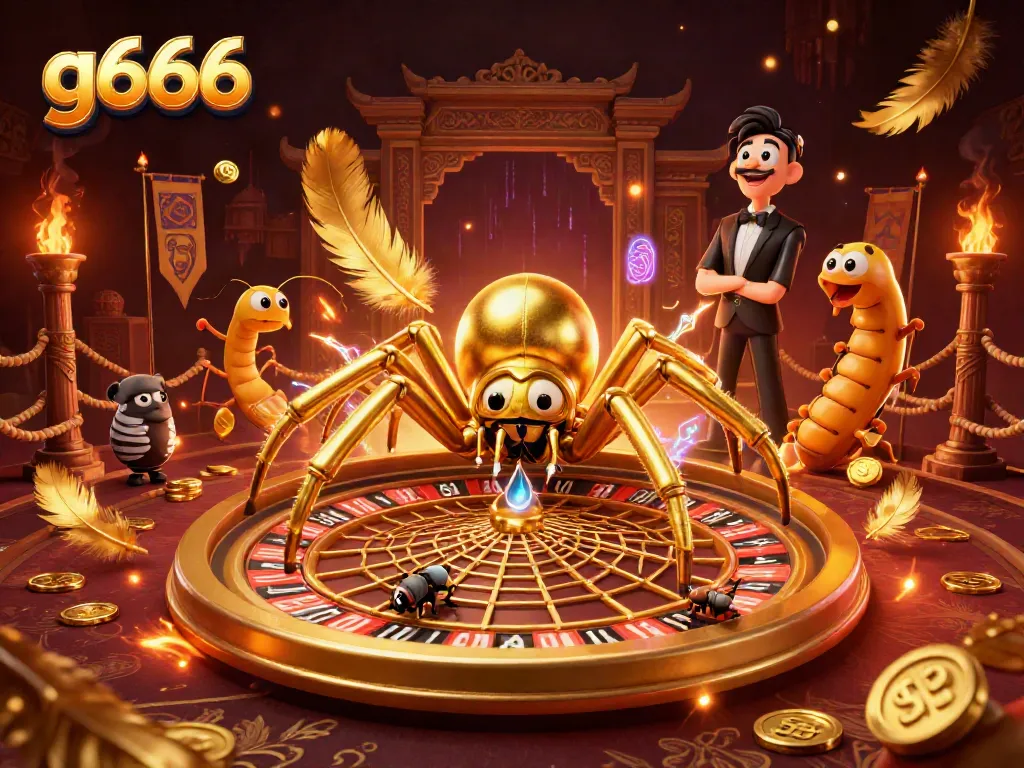 Engage in thrilling online casino gaming at g666 with a vibrant 3D scene of a spider-themed roulette.