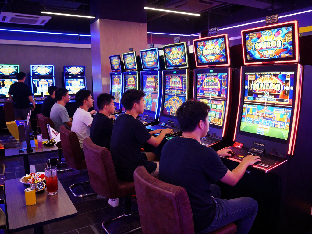 Exciting slot gacor gaming scene with players engaged at vibrant machines.