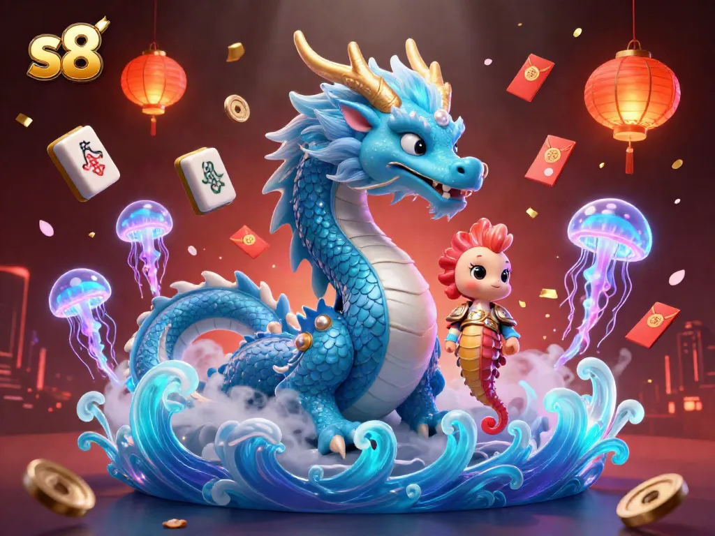 Experience thrilling gameplay with s8's vibrant 3D illustration featuring a majestic water dragon and coral knight.