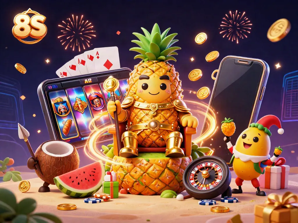 Win big with 8S while enjoying vibrant characters and casino elements in a festive beach casino scene.
