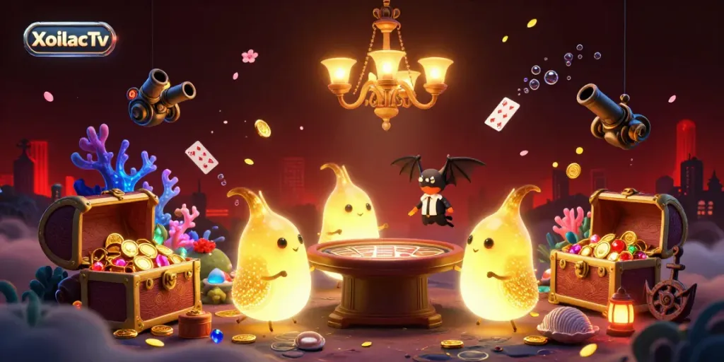 XoilacTv illuminates the casino with glowing worms amid vibrant treasures and a unique bat dealer.
