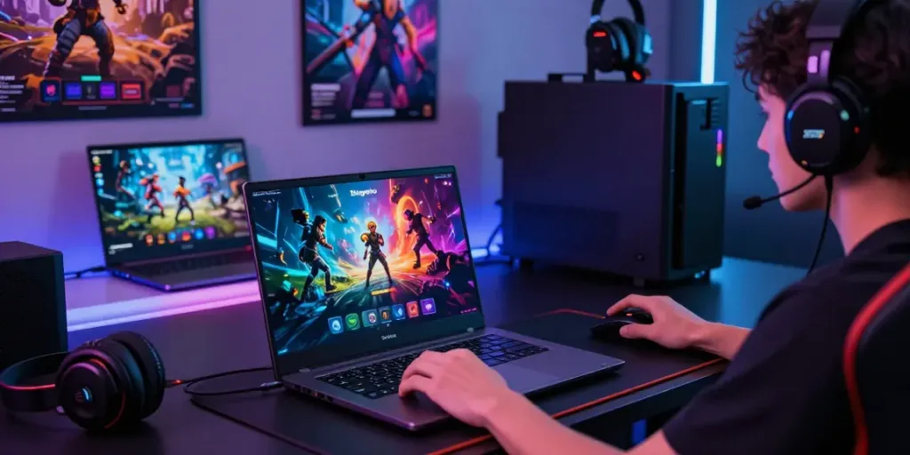 Engaged player using Singatoto platform with dynamic graphics, gaming setup.