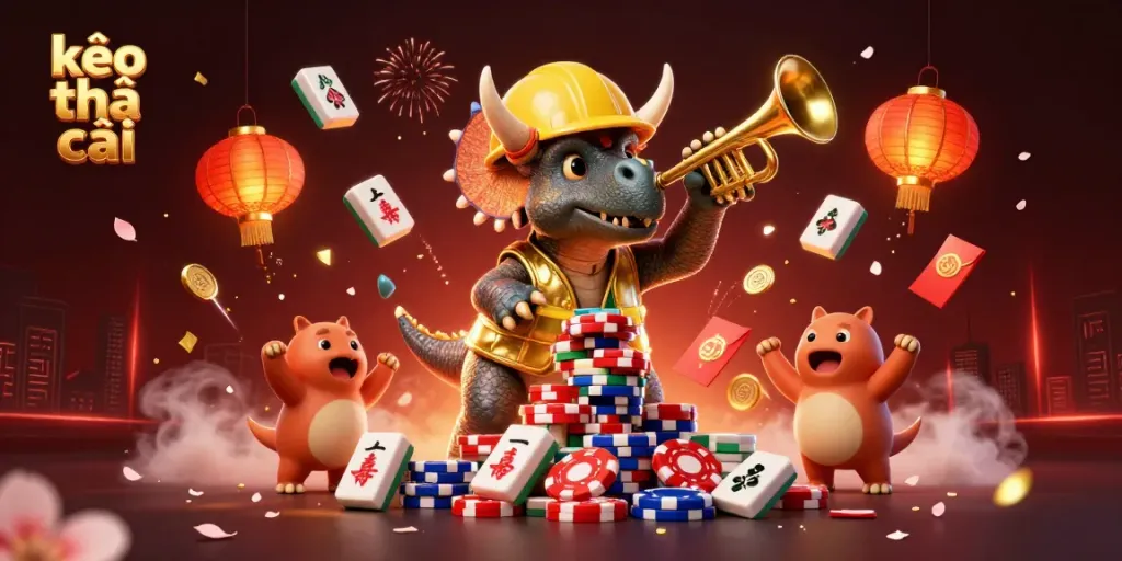 Experience kèo nhà cái in a vibrant celebration with cheerful characters and dynamic casino elements.