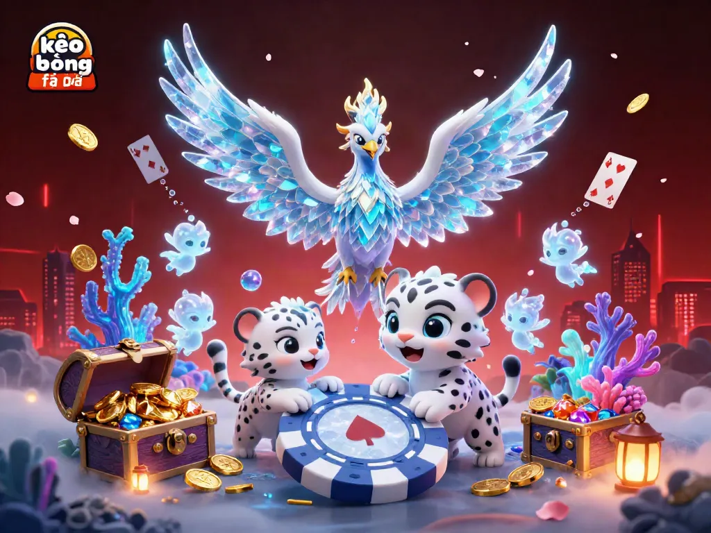 Kèo bóng đá provides thrilling visuals of sports betting with an enchanting ice phoenix and playful snow leopard.