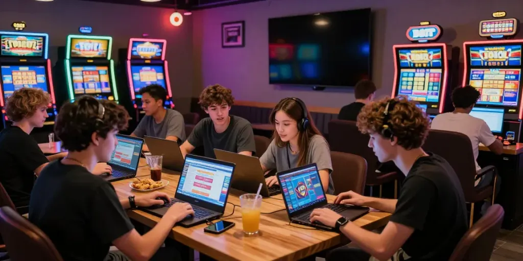Diverse players engaging in online toto togel at a vibrant gaming café.