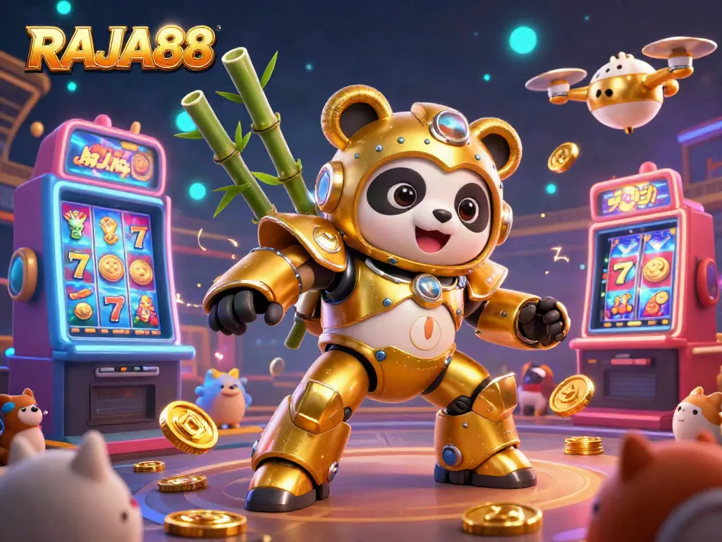 RAJA88 menghidupkan suasana kasino dengan panda emas dan mesin slot berkilau.