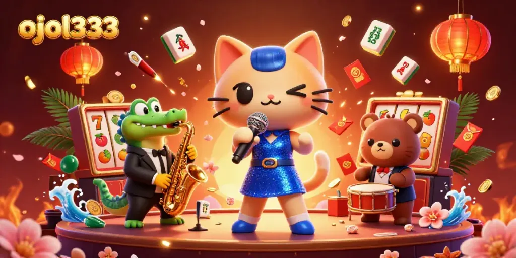 Experience the fun of ojol333 with vibrant casino characters and exciting game elements in this colorful 3D illustration.