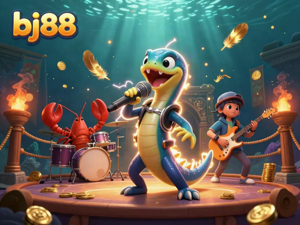 Experience thrilling gaming at bj88 with electric eel DJ, lobster drummer, and seahorse guitarist underwater!