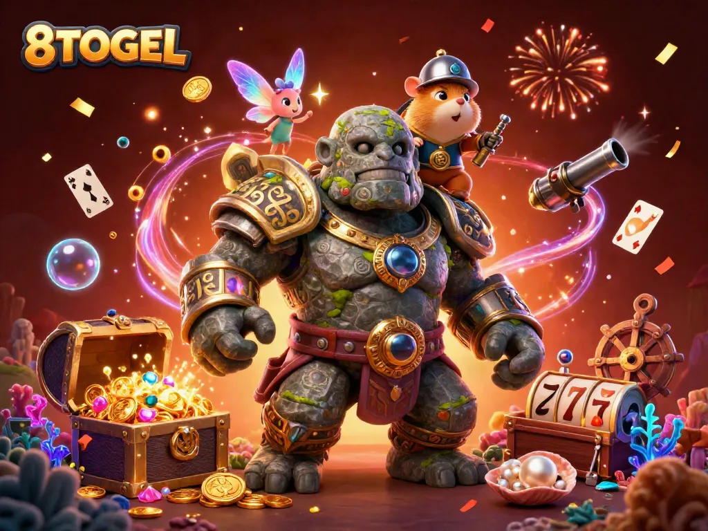 Gambaran ceria tentang 8TOGEL dengan karakter fantastis di tengah harta karun dan perayaan menarik.