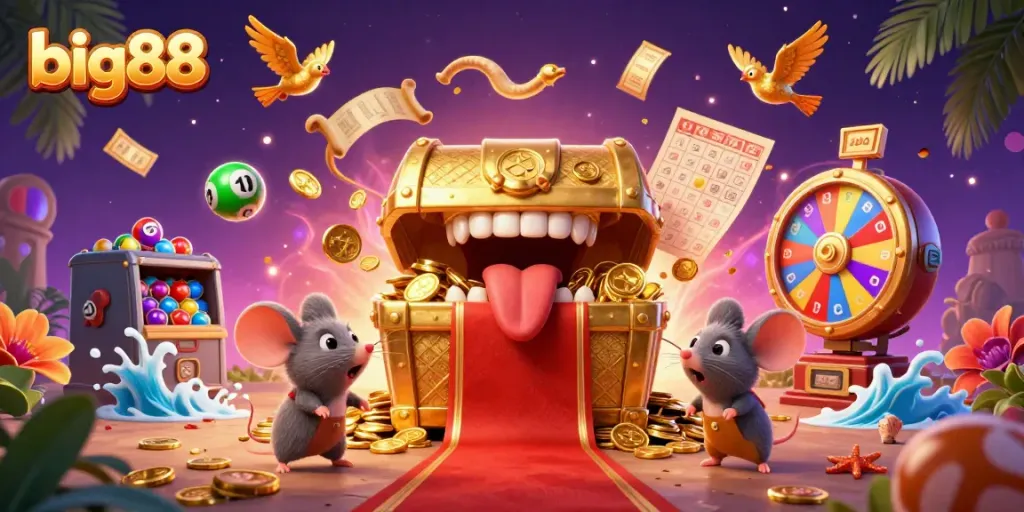 Engaging big88 3D illustration showcasing a treasure chest luring players with casino elements.