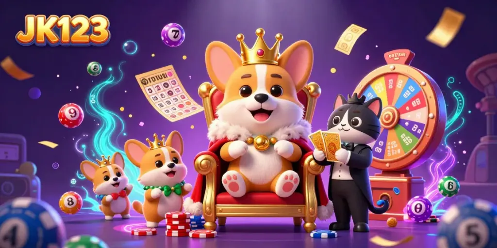 ภาพ 3D ที่มีตัวการ์ตูนสุนัขคอร์กี้ทองคำ JK123 นั่งบนบัลลังก์ทรงสล็อตและลูกบอลลอตเตอรี่