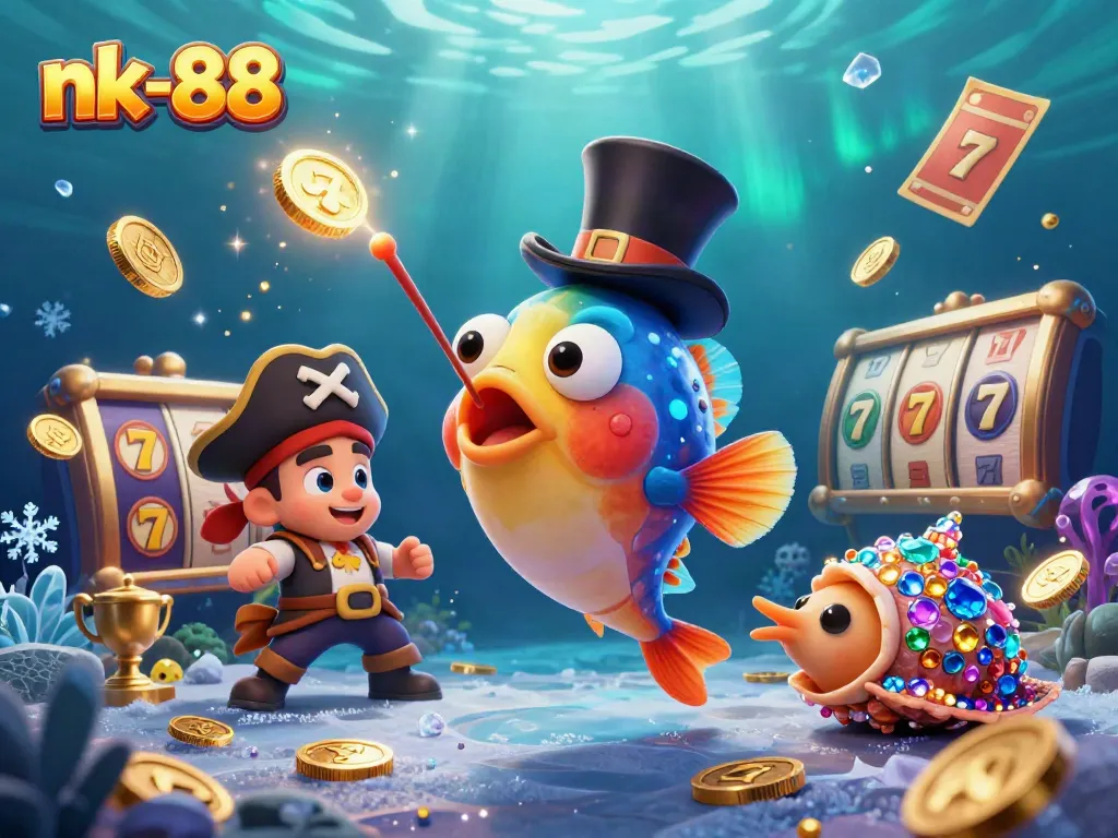 Engage in dynamic gambling at nk-88 with an enthralling underwater casino scene featuring treasure-filled characters.