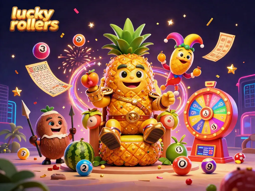 Experience the thrill of winning at lucky rollers with vibrant themed characters and exciting casino elements.